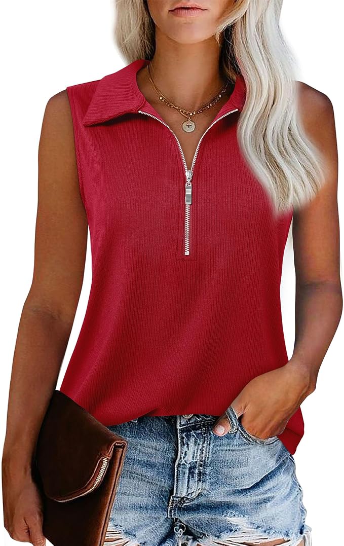 Vivilli Womens Ribbed Tank Top Zipper V Neck Dressy Casual Blouses Sleeveless Camisole Tops Work Tank Polo Shirts