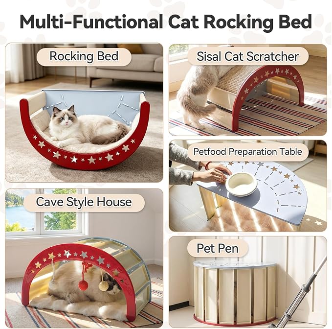 Cat Rocking Bed with Washable Removable Cushion and Sisal Scratching Pads Cat Scratcher Multifunctional Cat Furniture, Blue
