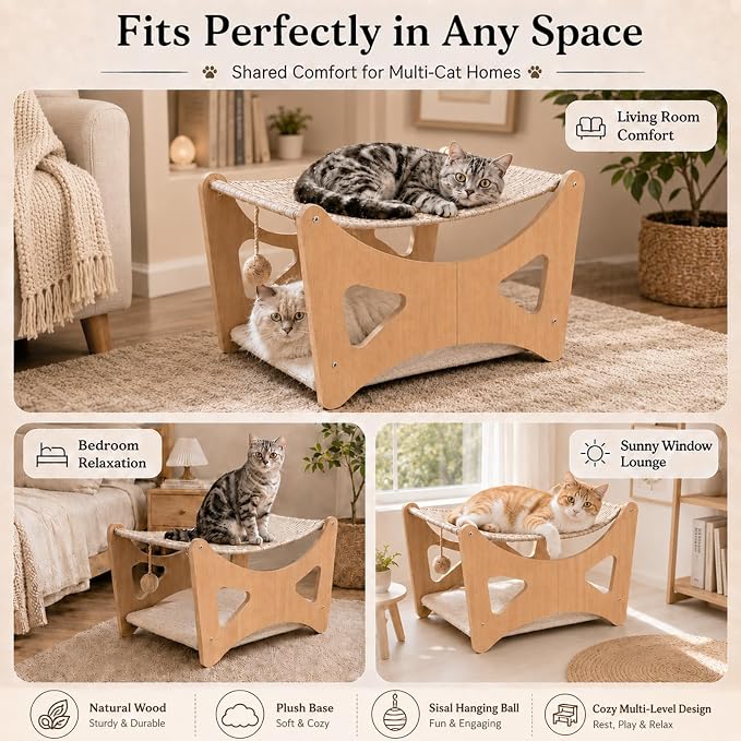 Cat Hammock Bed, 3 in 1 Elevated Bunk Cat Hammock Bed with Sisal Scratching Pad & Soft Plush Cushion, Wooden Cat Furniture for Small to Medium Cat & Dog, Pet Hair Removal Glove