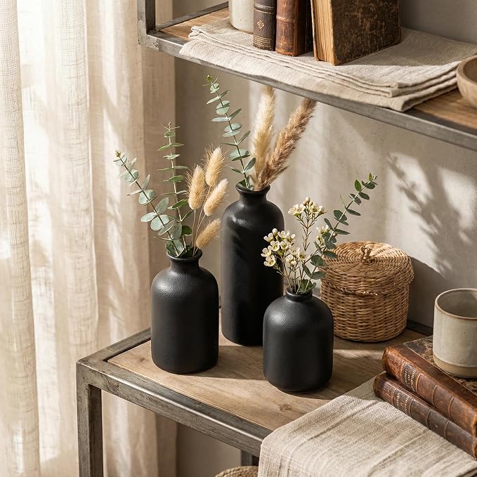 Small Ceramic Vase Set of 3,Modern Boho Farmhouse Flowers Vases | Decorative Vase for Dried Flowers,Pampas Grass,Home Decor,Shelf,Bathroom,Centerpiece for Entryway Table Distressed