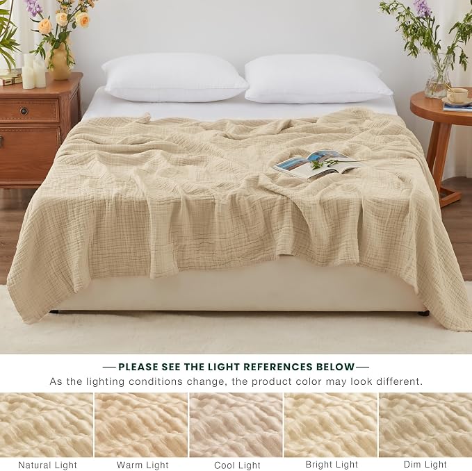 Love's cabin 100% Cotton Muslin Blanket, 6 Layer Lightweight Breathable Gauze Queen Size Blanket 90 x 90 Inches, Soft All Season Blanket for Bed, Khaki