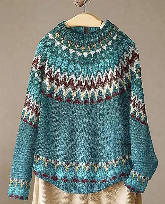 Zhyaj Fair Isle Sweater for Womens Winter Long Sleeve Vintage Knitted Sweater Casual Fall Crew Neck Pullover Sweaters
