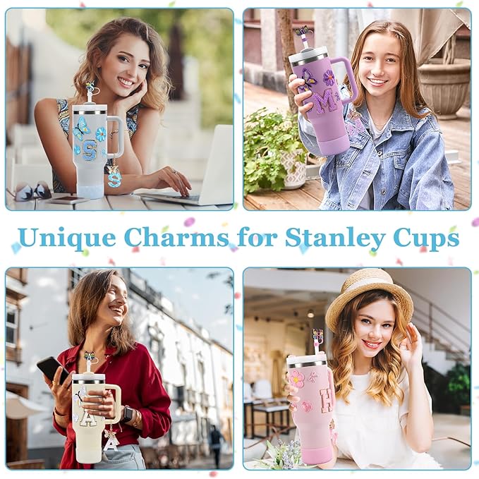 15PCS Cup Accessories Set for Stanley Cup 30oz 40oz Tumbler with Handle, Including Silicone Straw Cover and Boot, Spill Proof Stopper, Stanley Charms, Handle Charm, Initials Sticker