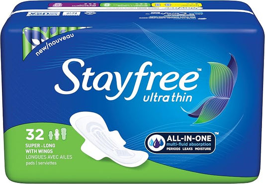 Stayfree Ultra Thin Super Long Pads with Wings For Women, Reliable Protection and Absorbency of Feminine Moisture, Leaks and Periods, 32 count