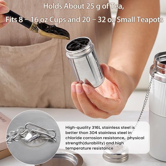 316L Stainless Steel Tea Infuser – Extra Fine Mesh Loose Leaf Tea Steeper for 8–16 oz Mugs, Bottles & Small Teapots, Dishwasher Safe (1 Pack)