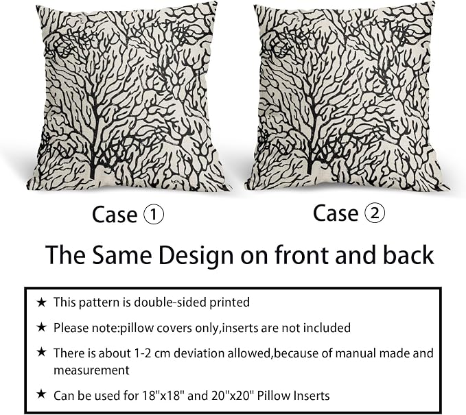 Nautical Coastal Coral Pillow Covers 20x20 Inch Set of 2 Summer Ocean Beach Black White Decorative Pillow Cases Outdoor Linen Cushion Cover Farmhouse Decor for Bedroom Home Sofa Couch Bed
