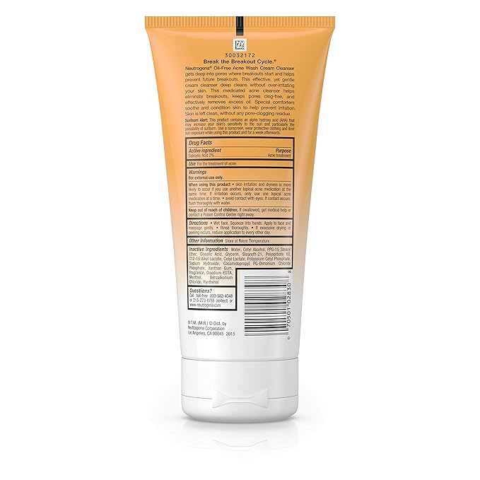 Neutrogena Oil-Free Acne Face Wash Cream Cleanser, 2% Salicylic Acid Acne Treatment, Daily Facial Cleanser for Acne-Prone Skin, 6.7 fl. oz (Pack of 2)