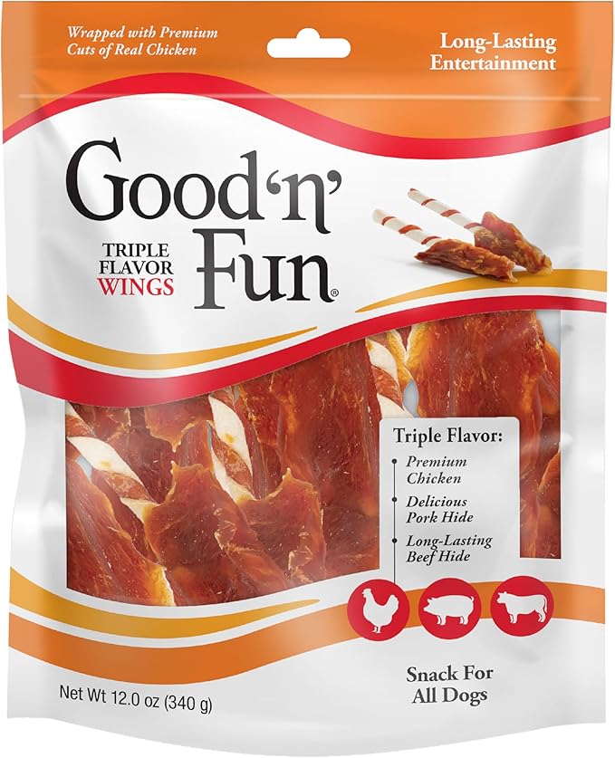 Good 'n' Fun Wings Long-Lasting Dog Treat Made With Real Protein, 12 oz | Premium Chicken, Pork and Beef Hide Chew, Supports Dental Health and Mental Stimulation, For Adult Dogs