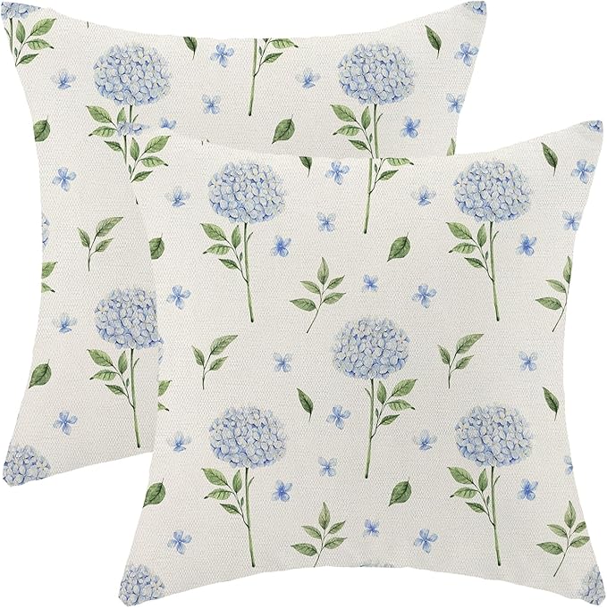AEIOAE Spring Pillow Covers 18x18 Inch Set of 2, Blue Green Hydrangea Flower Leaves Throw Pillows Case,Floral Summer Outdoor Seasonal Decorative Farmhouse Decor Cushion Covers for Home Sofa Bed Couch