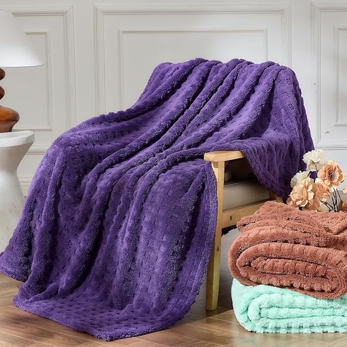 NEWCOSPLAY 3D Waffle Checkered Flannel Throw Blanket, Dark Purple, 50"x70" | Super Soft Cute Lightweight Decorative Premium Silky Fleece Blanket for Couch Sofa Bed, Gift for Women Men, All Season Use