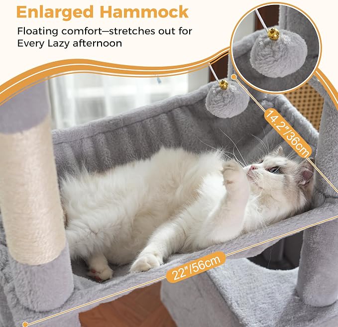 53”Cat Tree with Hammock & Extra Large Bed 23x12” for Large Cats | Adult Cat Tower with Enlarged Hammock, Spacious Condo, 23x12”Xlarge Top Bed, Scratching Posts &Wider Base for Big Cats