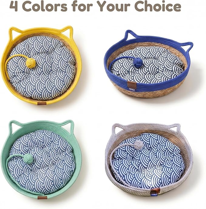 VIVIKIT Natural Cattail Cat Bed for Indoor Cats, 18.1" x 4.7"（Yellow） | Natural cattail, cotton trim, all season, scratch-proof, teaser ball, removable washable pad, for cats & dogs up to 22 lbs