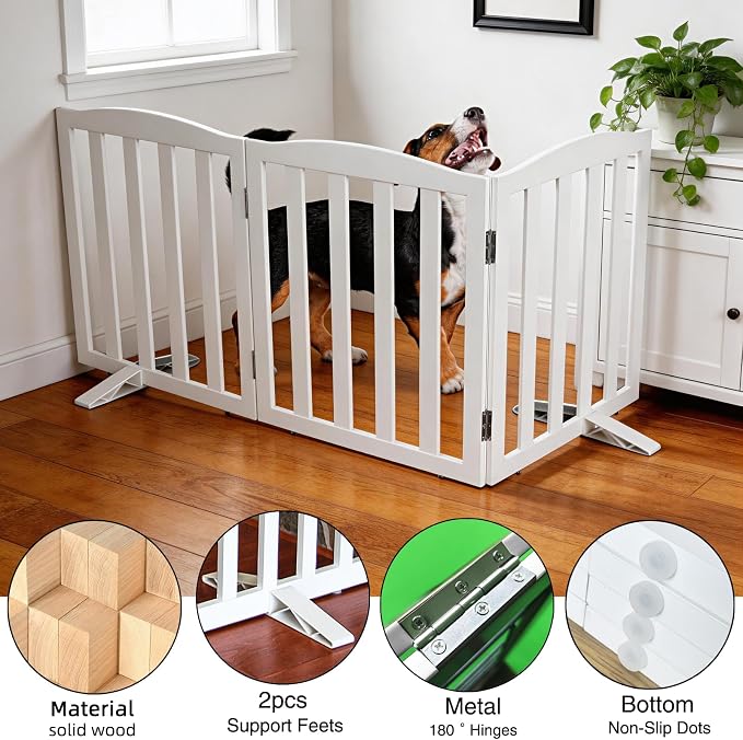 ZJSF Foldable Freestanding Indoor Dog Gate for House Wood White Long Pet Gates Dog Fence for Stairs Puppy Gates for Hallways,Pet Fence, Puppy Gate,Support Feet Included 24 "Height-3 Panels