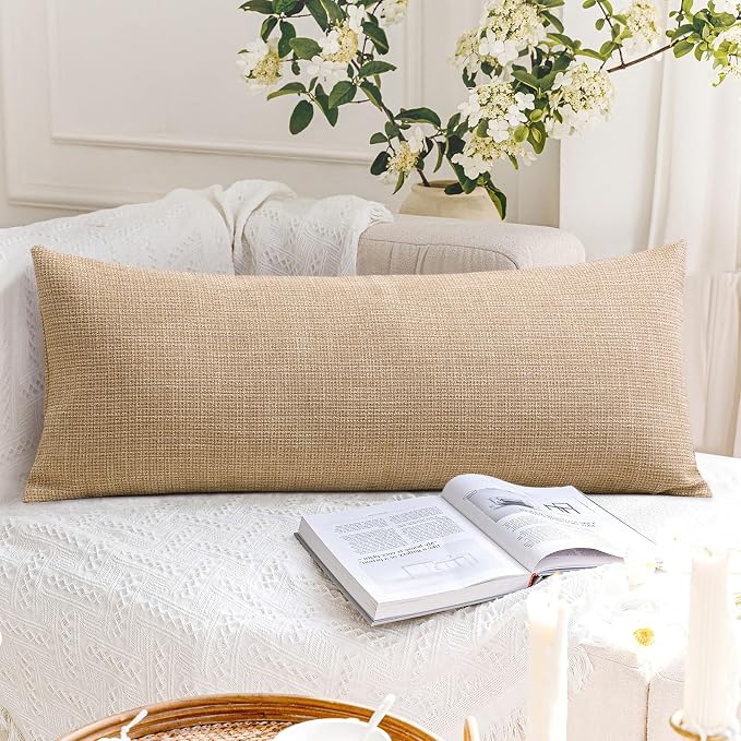 OTOSTAR Linen Throw Pillow Cover Set of 1 Decorative Long Lumbar Pillowcase Rectangle Cushion Cover 14x36 Inch for Home Decor Sofa Bedroom Car 35 x 90CM Light Brown