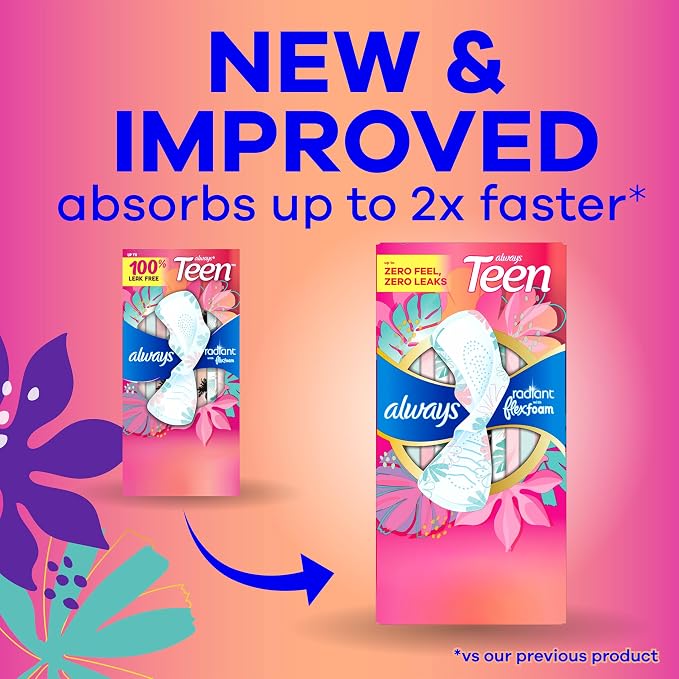 Always Radiant Teen Pads, Size 1, Regular, with Wings, Unscented, 28 Count