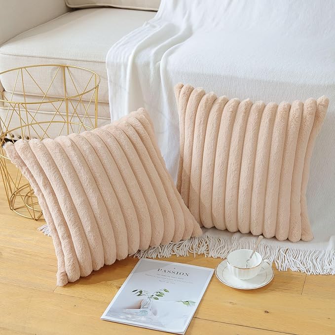 Soleebee Set of 2 Throw Pillow Covers Soft Cozy Velvet Pillowcase Faux Rabbit Fur Cover for Couch Sofa Bed Chair Home Decorative Pillows Cover (18x18 Inch, Camel)