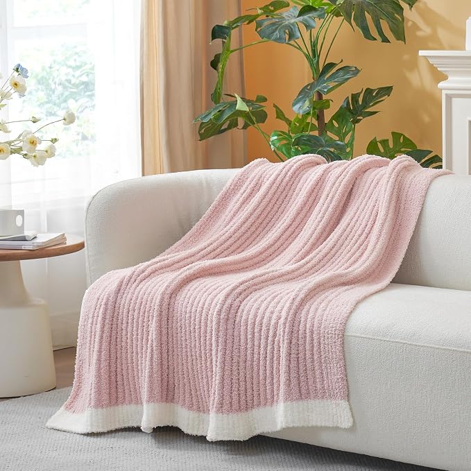 Snuggle Sac Pink Throw Blanket for Couch, Soft Cozy Ribbed Fluffy Blankets for Women, Warm Microfiber Knit Cute Throws for Girls Daughter Women Gifts for Mom, Pink, 50x70 inches