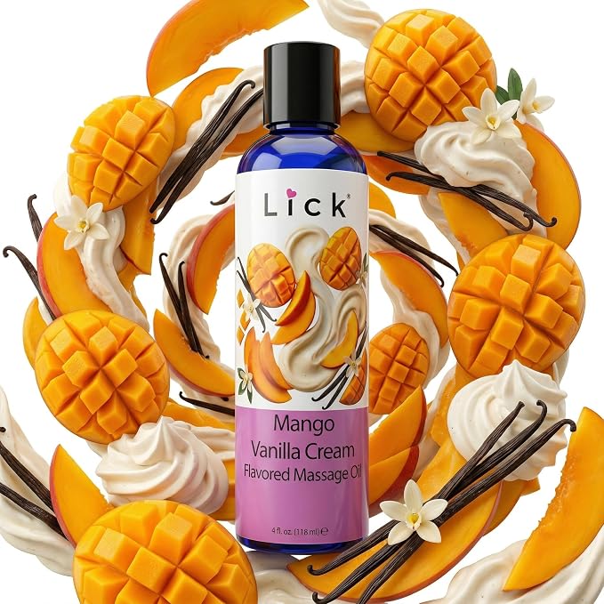Lick Mango Vanilla Cream Flavored Massage Oil – Tropical Edible Massage Oil with Sweet Almond Oil & Vitamin E, Hydrating Body-Safe Formula for Relaxing Couples Massage, 4 oz