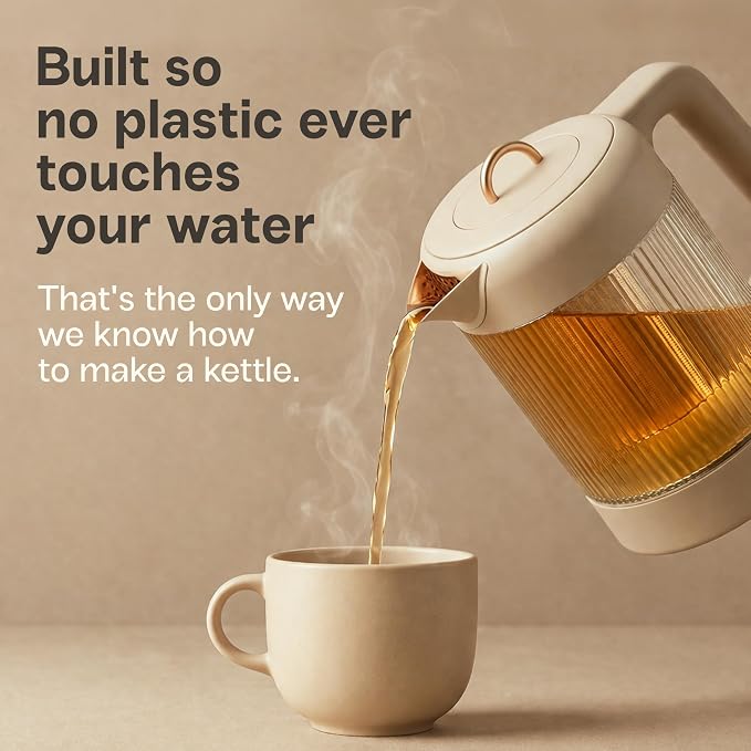 Viante Nina Electric Tea Kettle with Infuser, No Plastic In Contact With Water, 1.5L Borosilicate Glass, 304 Stainless Steel, 4 Temp Presets, Keep Warm, Cordless, Auto Shut-Off, Beige