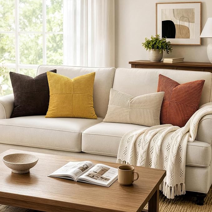 MIULEE Mustard Yellow Decorative Throw Pillow Covers for Couch 18x18 Inch | 2 Pack, Boho Farmhouse Pillow Covers, Soft Cross Corduroy Patchwork Textured Cushion Cases For Bed Sofa