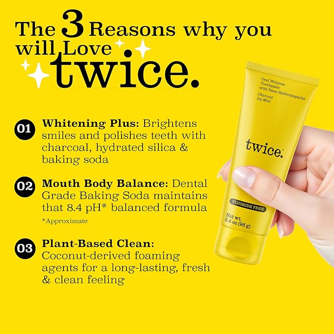 Twice Twice Oral Wellness Toothpaste - Nano-Hydroxyapatite, Fluoride-Free Toothpaste, Helps Remineralize Teeth, Freshens Breath & Whitens Teeth – SLS-Free, Charcoal ICY Mint – 3x3.4 oz