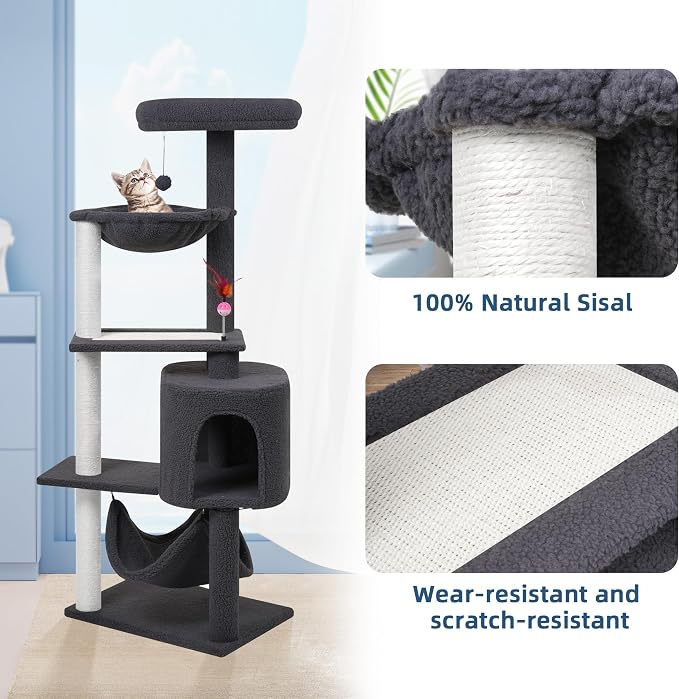 YUNIQUE Cat Tree with Cat Condo Scratch Posts Scratch Tablet and Big Hammock, (60.2‘’ Grey)