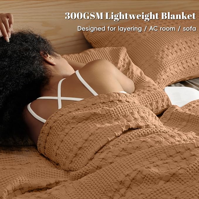 PHF 100% Cotton Waffle Blanket Twin Size, Lightweight Breathable Summer Blanket for Hot Sleepers, Pre-Washed Soft Layer for Bed, Dorm, Couch & Guest Room, Home Decor Gift, 66"x90", Clay