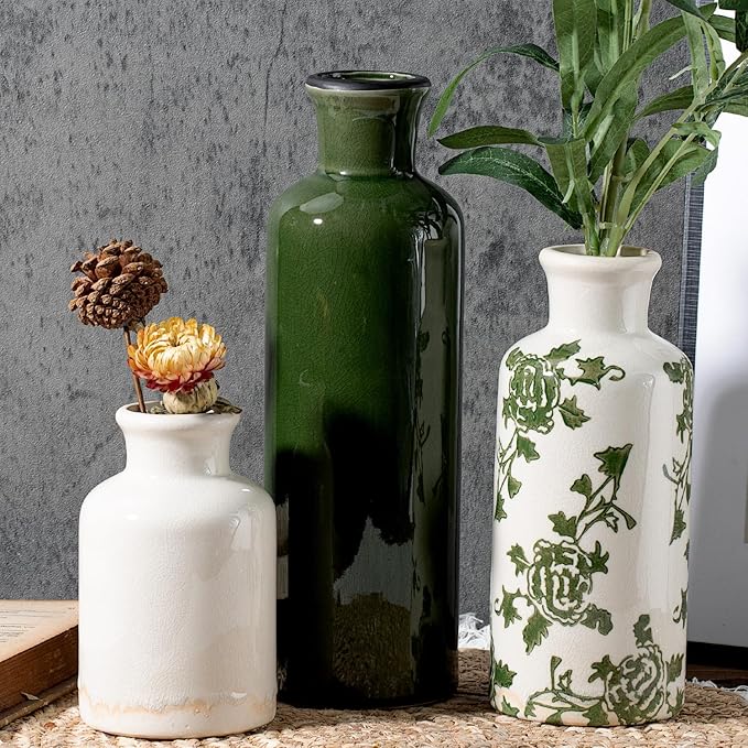 Ceramic Vintage Vase Set of 3, Green and White Crackle Glaze, Chinoiserie Floral Decor for Farmhouse Shelf, Table Centerpiece, Mantel, Living Room & Office