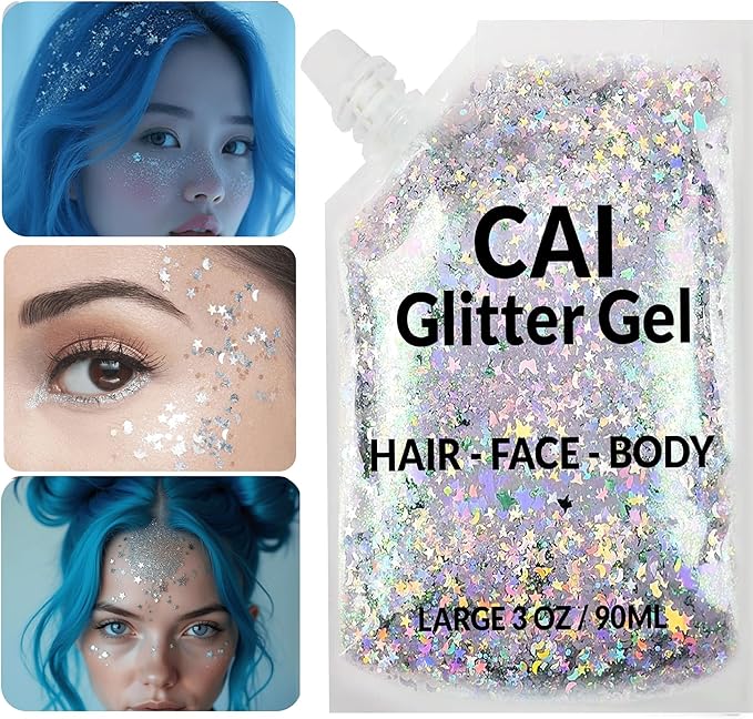 Face, Body & Hair Glitter Gel – Halloween Glitter for Kids and Women – 3 Oz Cosmetic-Grade Gel w/Moon & Stars for Festivals & Halloween Party, Easy Apply & Wash Off - Silver 1Pack
