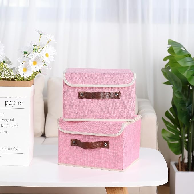 ANMINY Fabric Storage Box Bins with Lids, Pink, 13"x9"x7.9", 2 Pack | Keepsake Memory Storage, Cotton Linen, PP Board Reinforced, Washable, PU Handles, Foldable & Stackable, Decorative, Medium