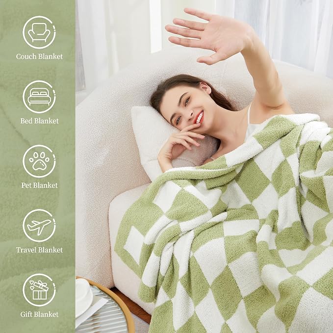 SeaRoomy Fuzzy Checkered Throw Blanket for Couch,Green 60"X79" | Warm,Cozy,Fluffy,Lightweight,Gift for Women Couch Sofa Bed Room Decor