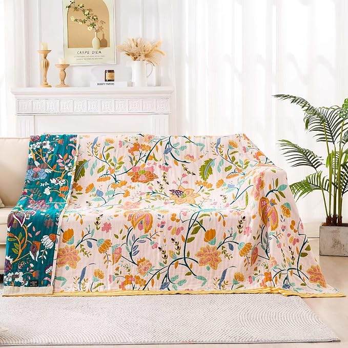 XIBLC Boho Throw Blanket for Bed, 100% Cotton Soft Rustic Quilt Fall Blanket, 90"x98" Floral Printed Farmhouse Decor Bed Blankets, All Season Rustic Reversible Bohemian Throw Quilt