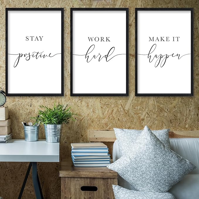 RLWangChao Inspirational Quotes Wall Art Decor 3 Piece 16"X24" Black | Modern Office, Stay Positive Work Hard Make It Happen Motivational, Framed Sign, Living Room Positive Wall Hanging