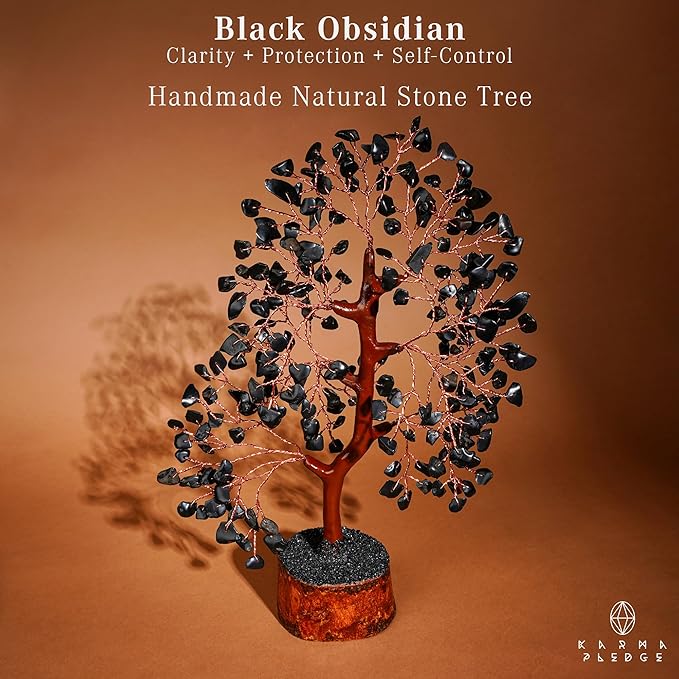 Crystal Tree of Life Birthday Gifts for Women, Men, Handmade Home Decor, Office, Room Decoration, Black Obsidian Reiki Healing Crystal Chakra Tree for Money, Good Luck Gifts for Her, Mom & Dad