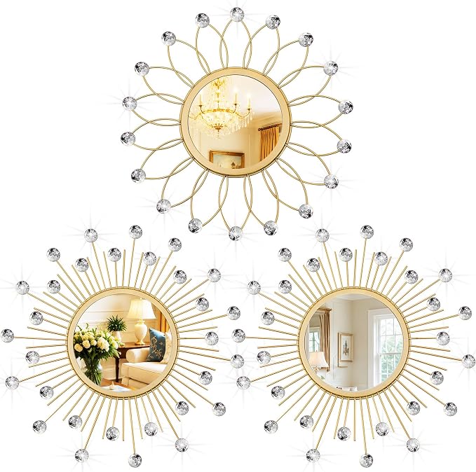3 Pack Metal Mirrors for Wall Sunburst Wall Mirrors Home Décor Decorative Hanging Wall Art for Living Room Bedroom Entryway (Gold Crystal, Flower+Sunburst)