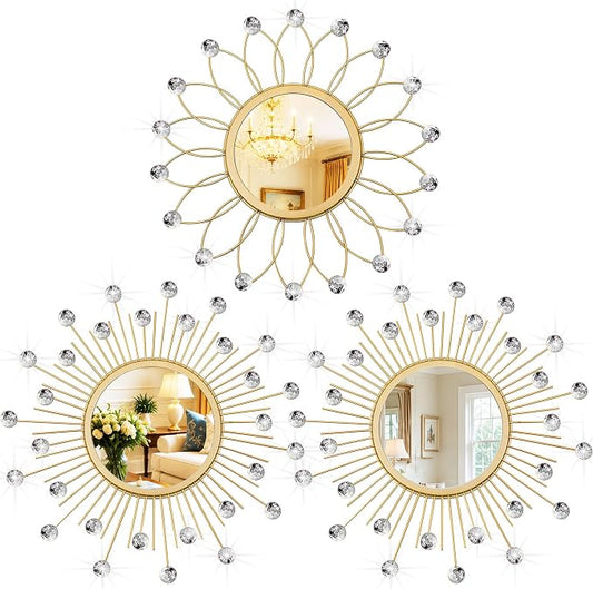 3 Pack Metal Mirrors for Wall Sunburst Wall Mirrors Home Décor Decorative Hanging Wall Art for Living Room Bedroom Entryway (Gold Crystal, Flower+Sunburst)
