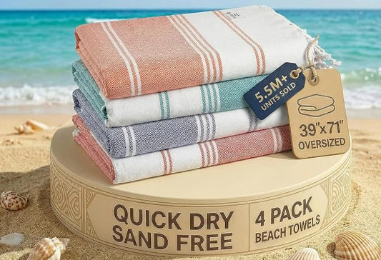 LANE LINEN 4 Pack Beach Towels – Oversized, Pre-Washed, Quick Dry, Sandproof, Lightweight & Absorbent Travel Towels – Extra Large Pool/Bath Towel – Multi