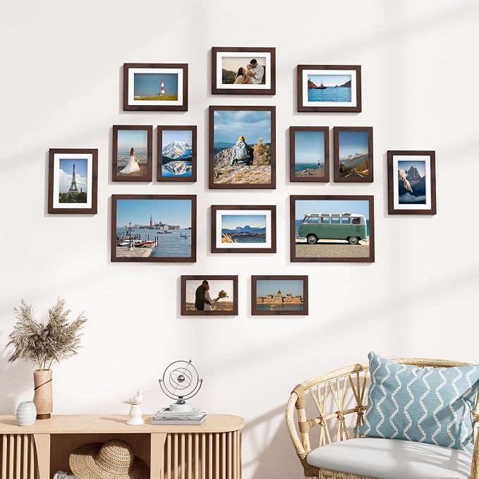 Vittanly 15 Pack Picture Frames Collage Wall Decor, Wall/Tabletop Display | Light Brown, Multi-Size Gallery Wall Frame Set: 3pcs 8x10, 6pcs 5x7, 6pcs 4x6. Picture Frame Set for Family