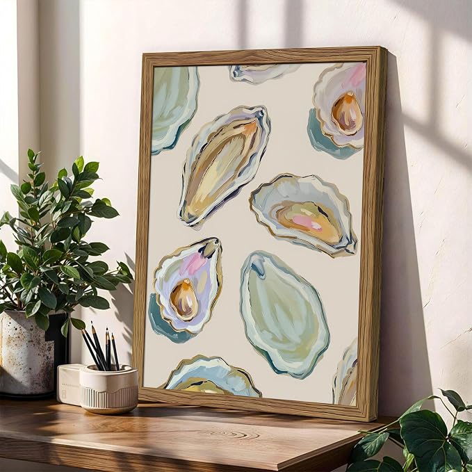 Framed Oyster Shell Canvas Wall Art, Colorful Abstract Wall Art Print, Coastal Beach House Wall Decor, Summer Dining Room Picture Poster, Modern Kitchen Oyster Oil Painting Artwork 16x24 inch