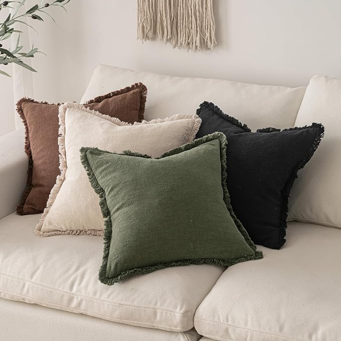 MIULEE Boho Linen Fringe Decorative Throw Pillow Covers Black 18x18 | Set of 2, Cottagecore Decor, Boho Farmhouse Neutral Pillow Covers, Rustic Couch Cushion Cases for Sofa Bed Living Room