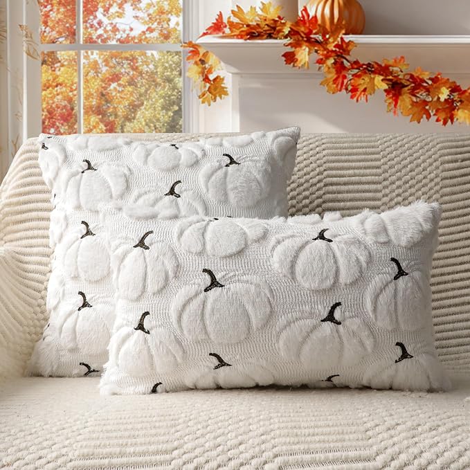 Fall Pumpkins Decorative Pillow Covers 18x18 Set of 2, White Soft Plush Faux Fur Wool Farmhouse Throw Cushion Cases for Autumn Thanksgiving Holiday Home Decorations