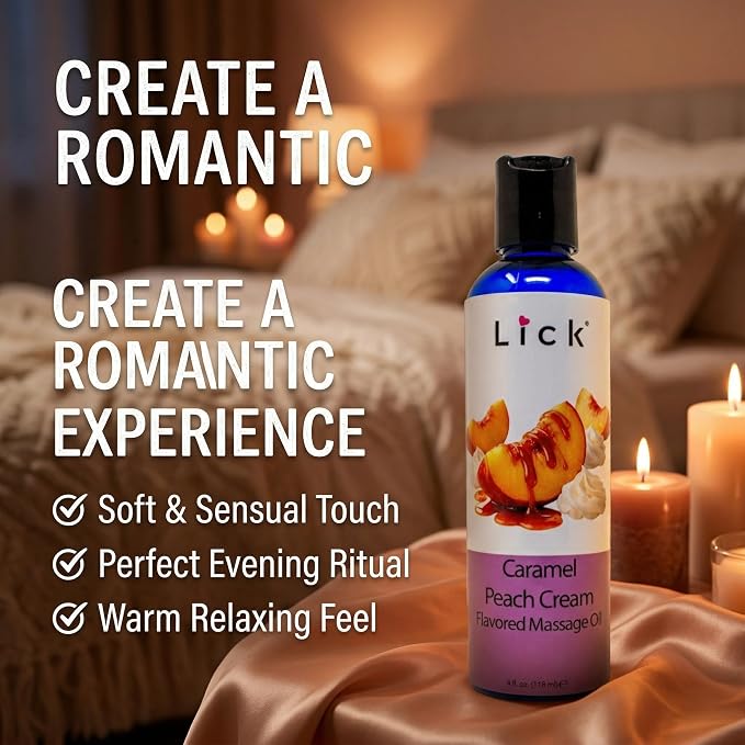 Lick Caramel Peach Cream Flavored Massage Oil – Tropical Edible Massage Oil with Sweet Almond Oil & Vitamin E, Hydrating Body-Safe Formula for Relaxing Couples Massage, 4 oz