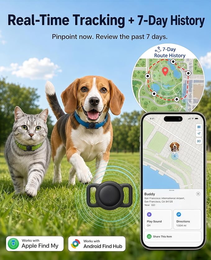 GPS Tracker for Dogs and Cats, iOS & Android, Real-Time Tracking (Matte Black) | Pet Tracker for Apple Find My or Google Find Hub; no monthly fee, 7-day history, IP67 water resistance and spare battery.