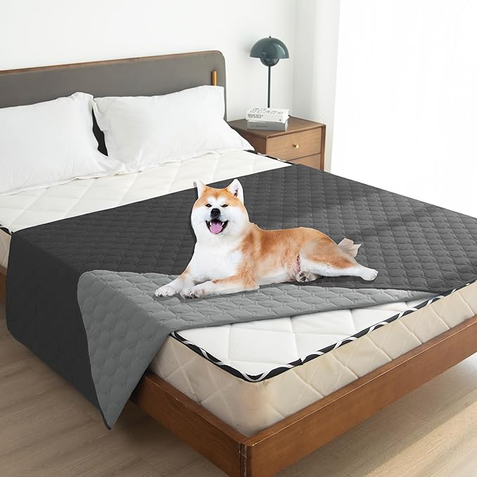 gogobunny Waterproof Dog Blankets for Large Dogs, Pet Bed Cover Breathable | Washable Pee Pads, Quilted Throw Blanket, Furniture Protector for Couch Sofa Bed Car, 82x82 Inch Dark/Light Charcoal