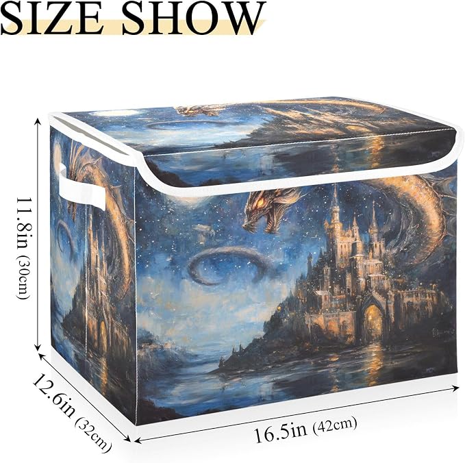 Dream Castle Dragon Storage Bins with Lids and Carrying Handle,Foldable Storage Boxes Organizer Containers Baskets Cube with Cover for Home Bedroom Closet Office