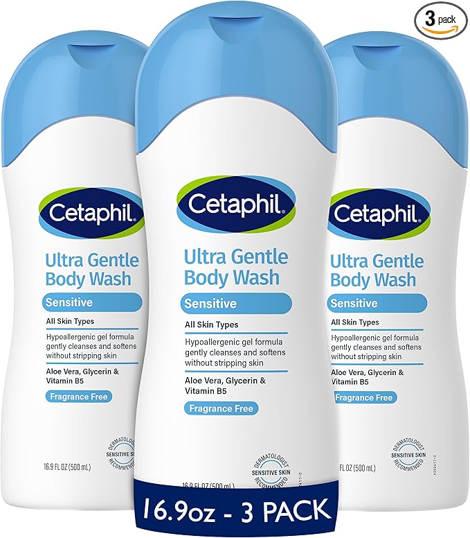 Cetaphil Ultra Gentle Body Wash, For Dry to Normal, Sensitive Skin, 16.9oz Pack of 3, Aloe Vera, Vitamin B5, Hypoallergenic, Paraben Free, Fragrance Free, Dermatologist Tested