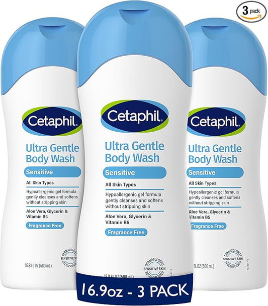 Cetaphil Ultra Gentle Body Wash, For Dry to Normal, Sensitive Skin, 16.9oz Pack of 3, Aloe Vera, Vitamin B5, Hypoallergenic, Paraben Free, Fragrance Free, Dermatologist Tested