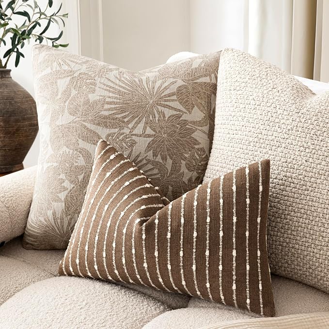Foindtower Pack of 2 Decorative Jacquard Boucle Lumbar Throw Pillow Covers Accent Textured Striped Pillowcases Cozy Boho Cushion for Couch Sofa Bedroom Living Room Home Decor 12x20 Inch Brown