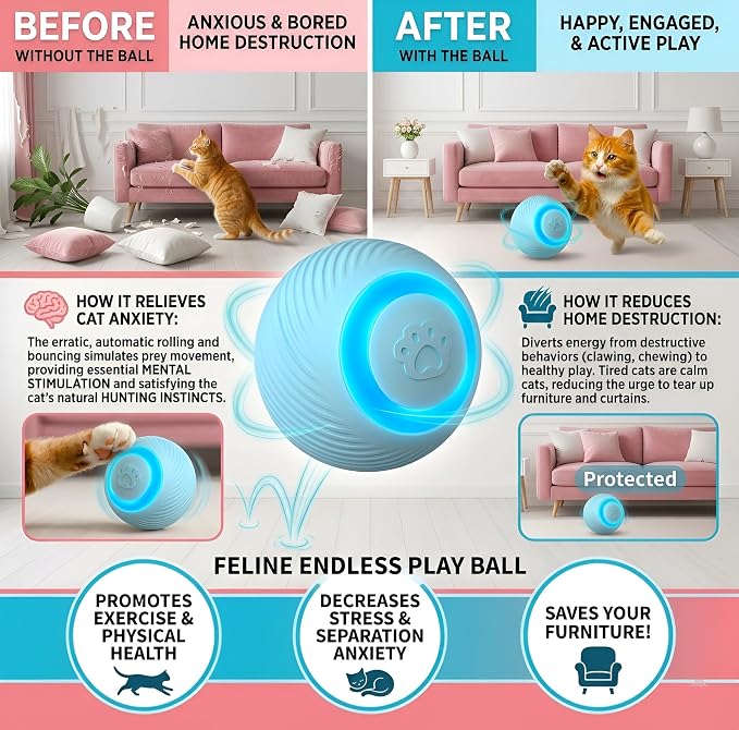 Interactive Cat Toy Ball - Automatic Interactive Cat Toys for Indoor Cats, Rechargeable Cat Enrichment Toys for Small/Medium/Large Cats to Keep Them Busy