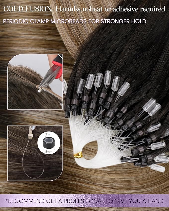 LaaVoo Micro Link Hair Extensions Human Hair Ombre Darkest Brown to Medium Brown Microlinks Hair Extensions Human Hair 24in 50g/50strands